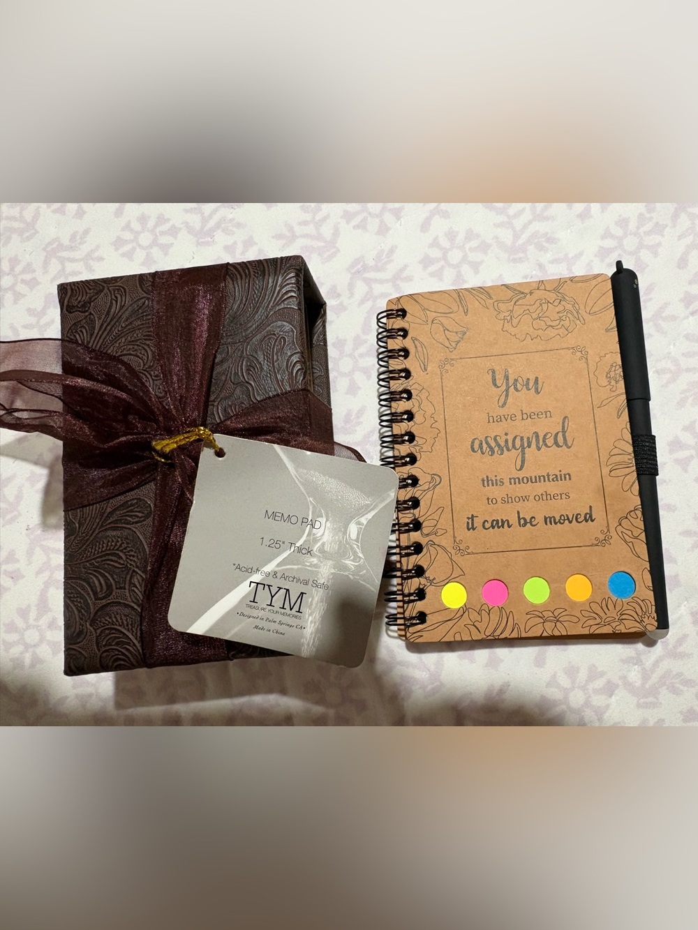 TYM Brown Floral Spiral Notebook with Colored Sticky Tabs and Black Pen